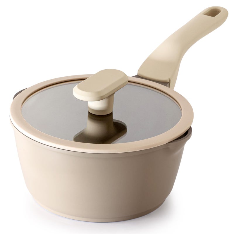 PRICUSIS Nonstick Saucepan with Lid 2 Quart Sauce Pan Healthy Sauce Pot with Pour Spouts for Multipurpose Use PTFE PFOA Free Induction Compatible Apricot