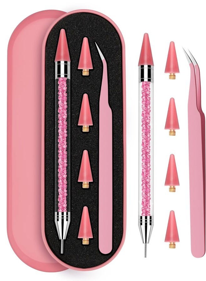 Rolybag Rhinestone Picker Tool, Rhinestone Applicator Tool Dotting Wax Pen Dual-Ended with 4 PCS Replaceable Wax Tips and 1 Tweezers for DIY Nail Art Tool (Pink) - Image 1