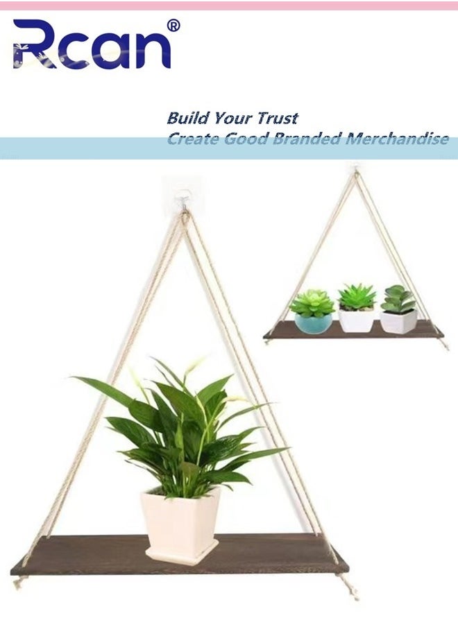 Rcan Set of 2 Wooden Wall Hanging Shelves Boho Hanging Shelf for Plants Triangle Floating Shelve Rope Bookshelves for Bedroom Bathroom Living Room  - Image 1
