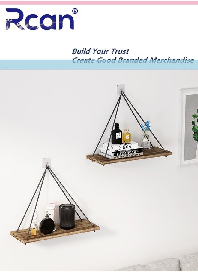 Rcan Set of 2 Wooden Wall Hanging Shelves Boho Hanging Shelf for Plants Triangle Floating Shelve Rope Bookshelves for Bedroom Bathroom Living Room  - Image 2