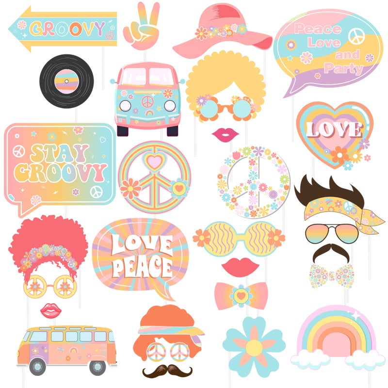 Cheereveal Groovy Party Decorations  30 Pcs Groovy Photo Booth Props Retro Boho Girl Party Supplies Hippie Party Decorations for Baby Shower Birthday