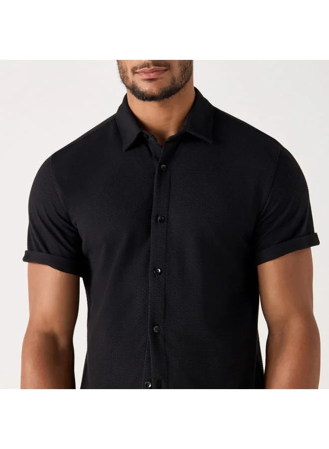 Iconic Iconic Slim Fit Textured Shirt with Short Sleeves and Button Placket