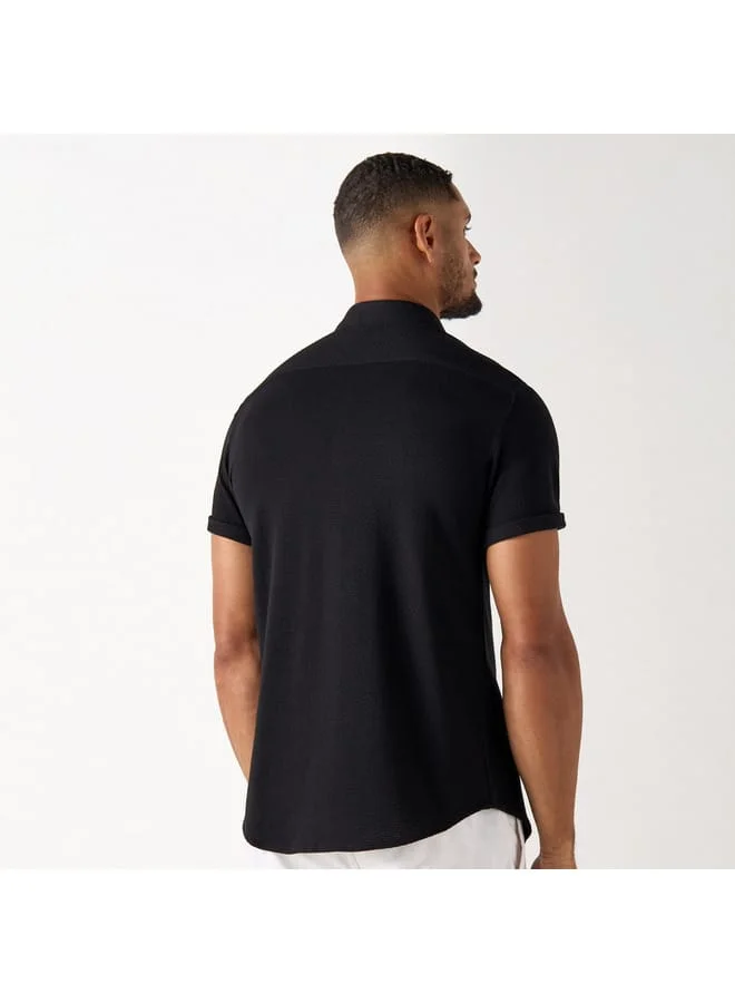 Iconic Iconic Slim Fit Textured Shirt with Short Sleeves and Button Placket