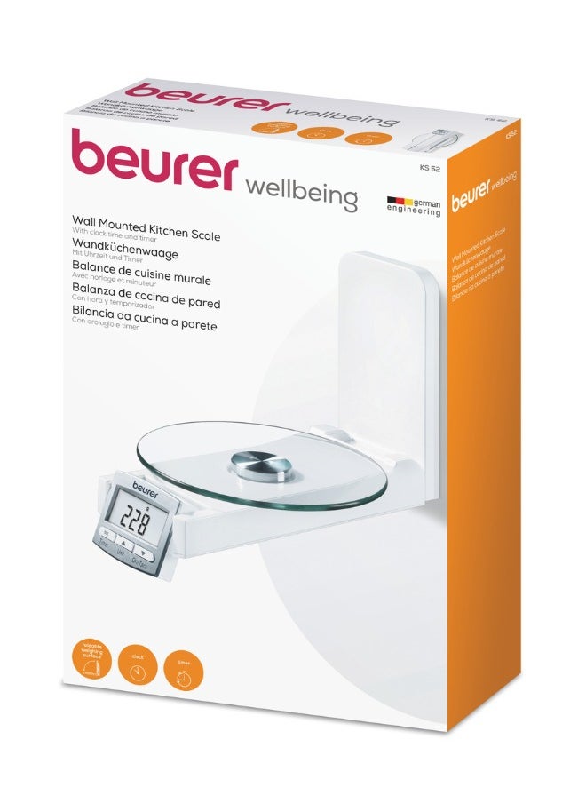 Beurer - KS 52 Wall Mounted Kitchen Scale with Large Glass Weighing Surface, Clock and Timer, Backlit Display, 5 kg Load Capacity - Image 1