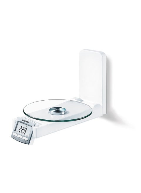 KS 52 Wall Mounted Kitchen Scale with Large Glass Weighing Surface, Clock and Timer, Backlit Display, 5 kg Load Capacity