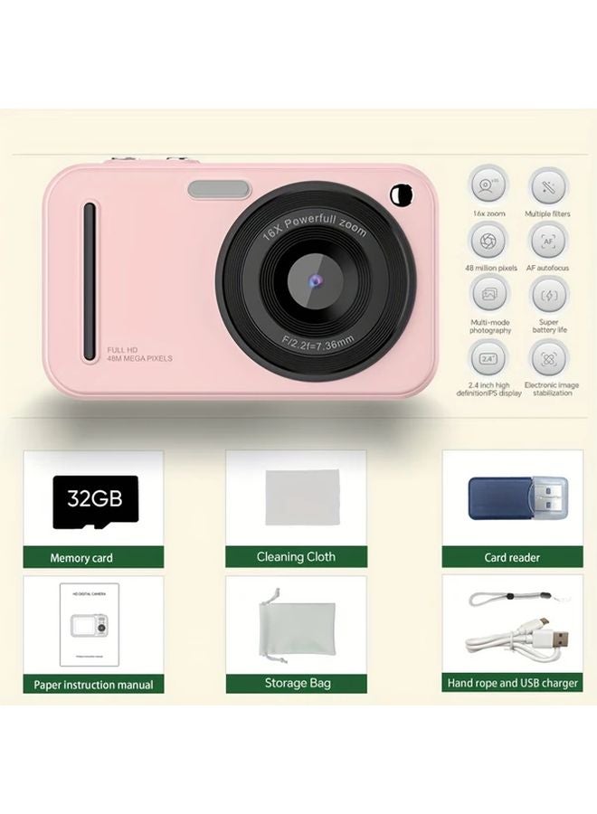 Pink 48MP Digital Camera For Vlogging With 16X Zoom 2 4 Inch LCD And 32G Card - Image 1