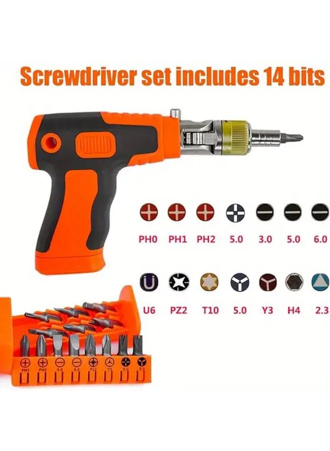 Orange 16 In 1 Chrome Vanadium Steel Ratchet Screwdriver Set With 14 Bits For Automotive And Home Repair - Image 3