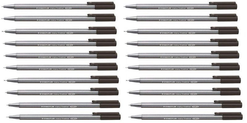Staedtler Black 0.3mm Triplus Fineliner Fine Line Pens Superfine Dry Safe & Washes Out of Most Textiles (Pack of 20)