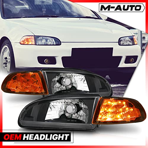 M-AUTO Headlight Assembly Pair Left+Right Compatible with 1992-1995 Honda Civic 2/3Dr - Black Housing Clear Lens Crystal Amber Corner - Image 2