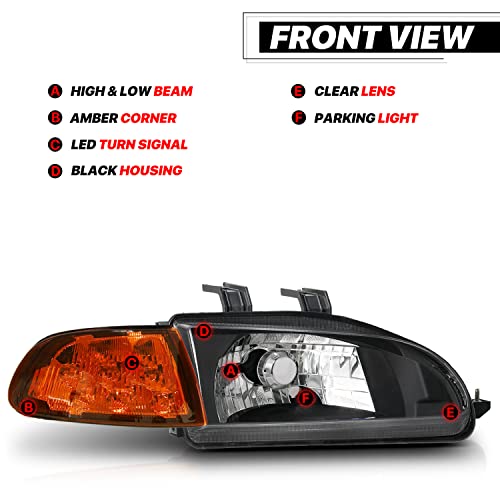 M-AUTO Headlight Assembly Pair Left+Right Compatible with 1992-1995 Honda Civic 2/3Dr - Black Housing Clear Lens Crystal Amber Corner - Image 3