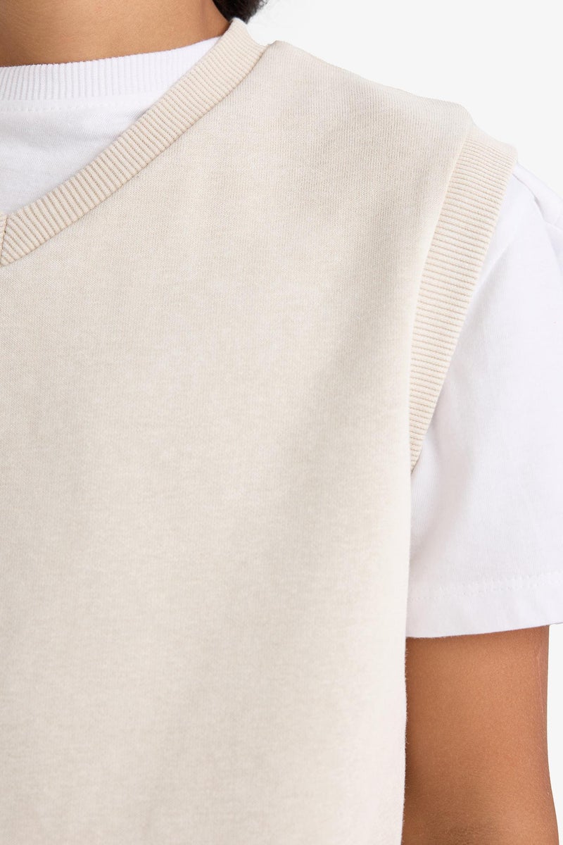 DeFacto Beige Boy Boy V-Neck Washed Vest Casual - Image 4