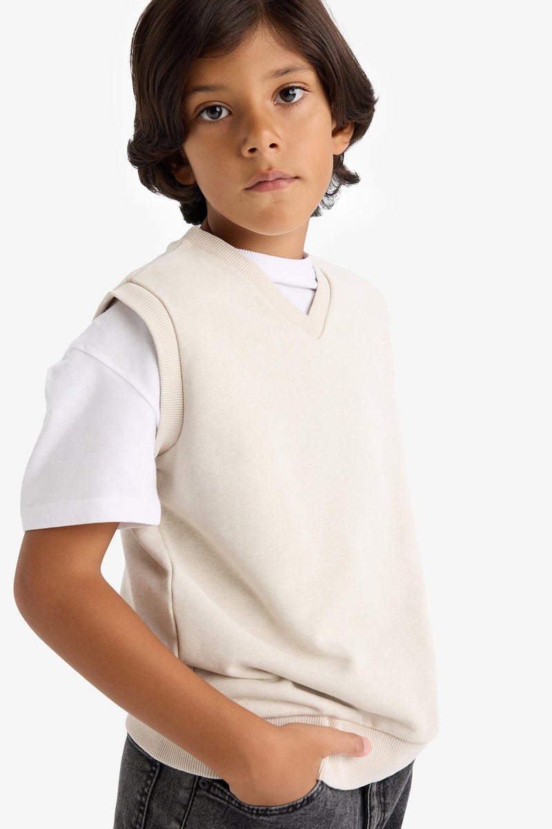 DeFacto Beige Boy Boy V-Neck Washed Vest Casual - Image 3