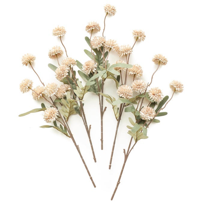 5PCS FAUX SILK POMPON MUM ARTIFICIAL FLOWERS BULK FAKE MINI CHRYSANTHEMUMS WITH STEMS FOR DIY BOUQUET CENTERPIECES WEDDING FILLERS CHAMPAGNE ARRANGEMENTS SHOWER DECORATIONS BEIGE