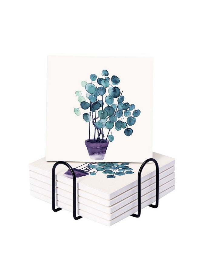 Kuber Industries Kuber Industries Set of 6 Diatomite Blueberry Print Square Coasters with Cork Steel Holder Stand for Hot Pots - Water Absorbent Tea Cup & Water Glass Cover Top Lid | White-SOV004-03  - Image 2