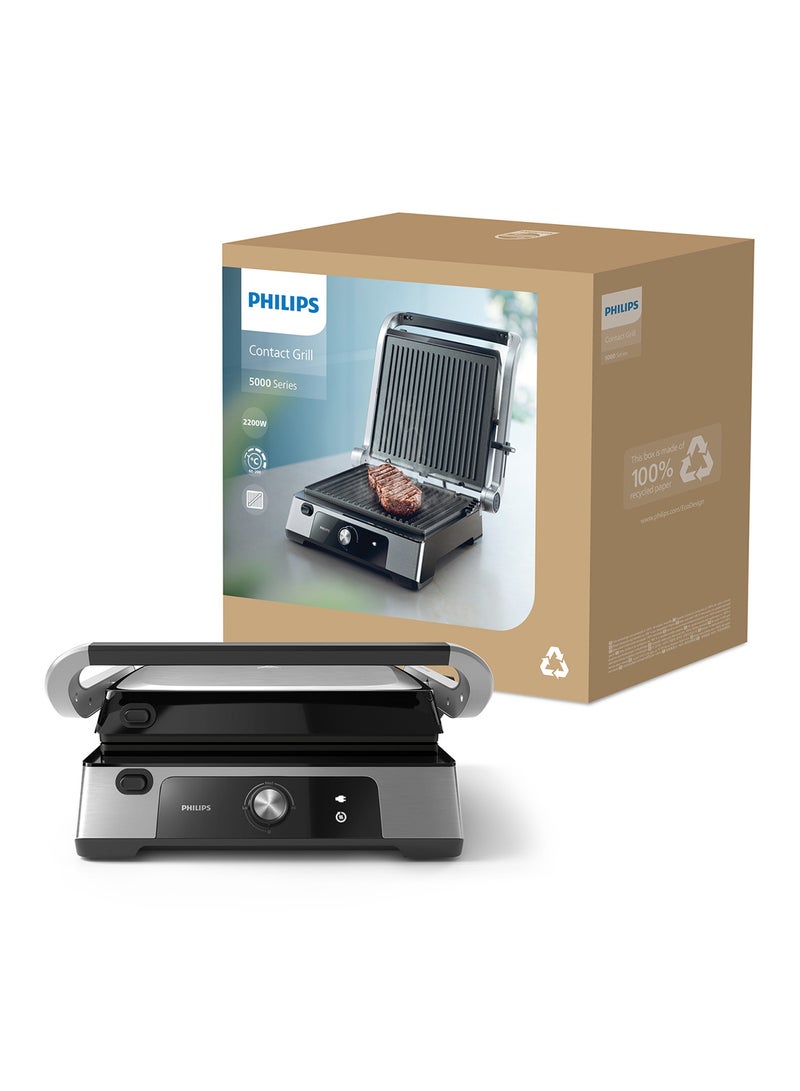 Philips 5000 Series Contact Grill- 2200W,Opens 180° for countertop grilling,Precision digital control,8 preset functions ,adjustable height,handle lock,Removable drip tray,2year warranty- HD6301/90 silver - Image 4