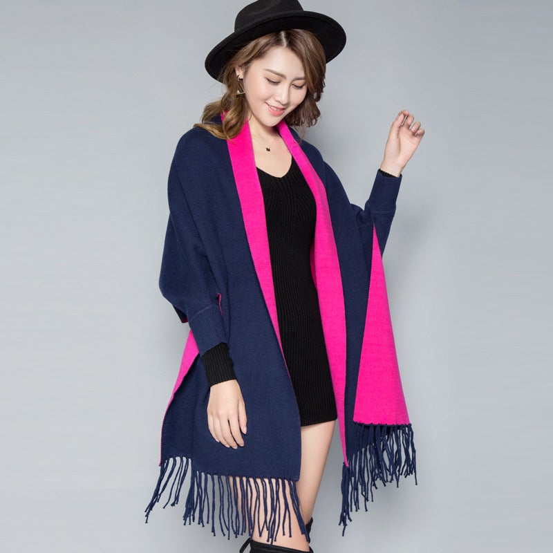Autumn and Winter New Womens Double-sided Shawl Scarf Dual-use Tassel Thickened Long Cashmere Blended Cape Jacket with Sleeve Navy Blue Rose Red 