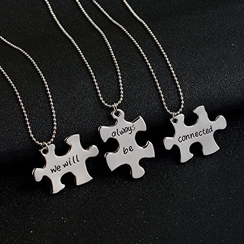Meiligo® Fashion 3 Pcs Best Friends Forever Gift Alloy We Will Always be Connected Letter Puzzle Dog Tag Necklace Key Chain Square Matching Engraved Letter Necklace Set (Necklace - Silver(3 pcs)) - Image 2