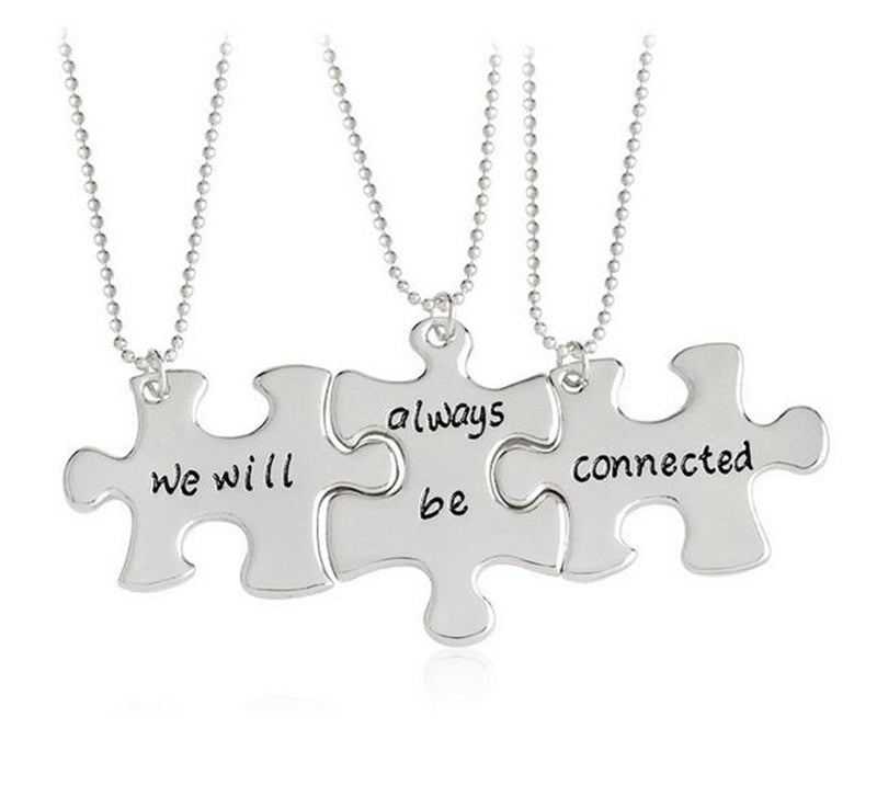 Meiligo® Fashion 3 Pcs Best Friends Forever Gift Alloy We Will Always be Connected Letter Puzzle Dog Tag Necklace Key Chain Square Matching Engraved Letter Necklace Set (Necklace - Silver(3 pcs)) - Image 1