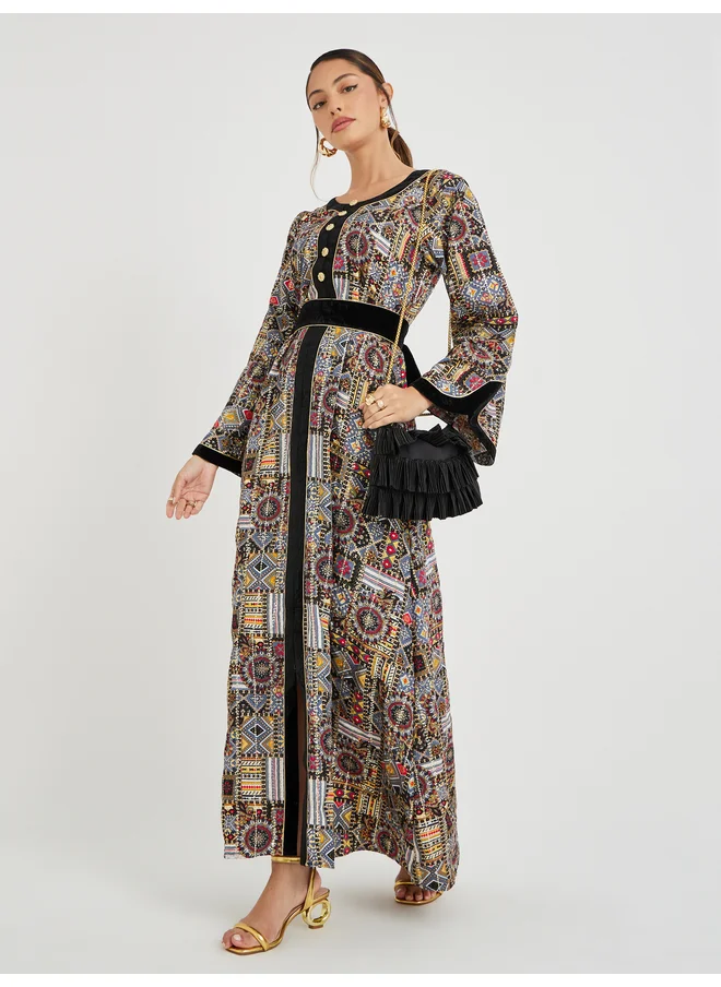Maxim Creation Maxim Creation Haute Couture Abstract Print Jalabiya with Back Tie Detail