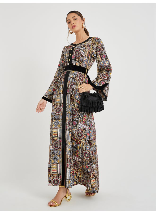 Maxim Creation Maxim Creation Haute Couture Abstract Print Jalabiya with Back Tie Detail  - Image 1