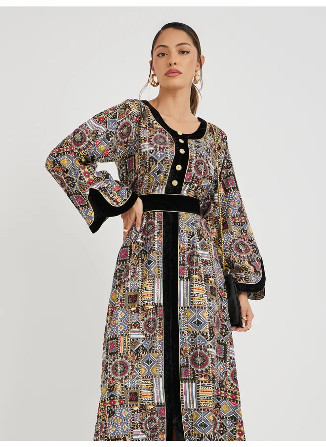 Maxim Creation Maxim Creation Haute Couture Abstract Print Jalabiya with Back Tie Detail