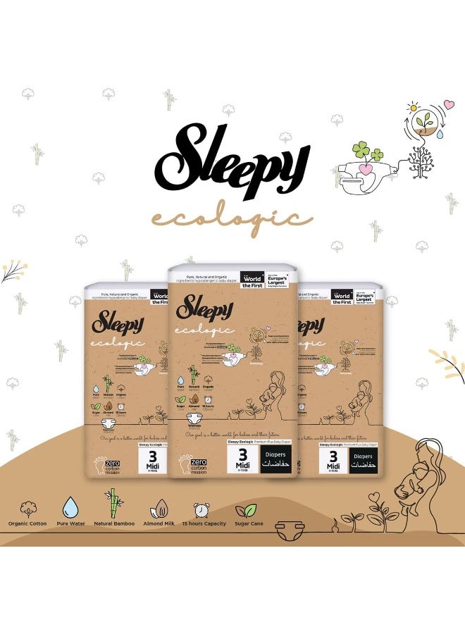 Sleepy حفاضات إيكولوجية حجم 3، 56 قطعة، مضادة للحساسية، نباتية، قابلة للتحلل، مستدامة، حفاضات مميزة مع لاصق عالي الامتصاص، حفاضات جافة عضوية للأطفال من 4-10 كجم، 100% مانعة للتسرب - Image 4