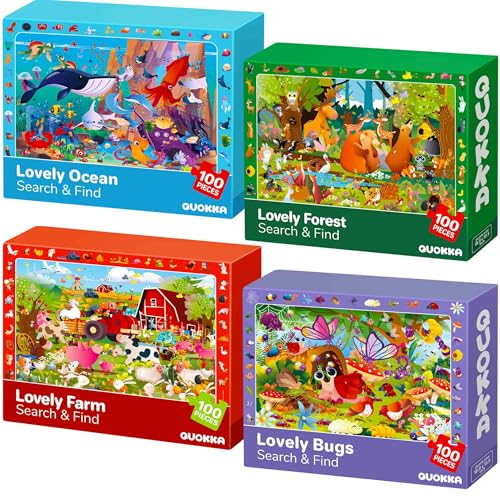 QUOKKA 100 Piece Puzzles for Kids Ages 46 4xSET Jigsaw Puzzles for Kids Ages 68 Educational Search Find Game with Animals Bugs for Childrens 58 Toddler Learning Toy Gift for Boys and Girls - Image 1