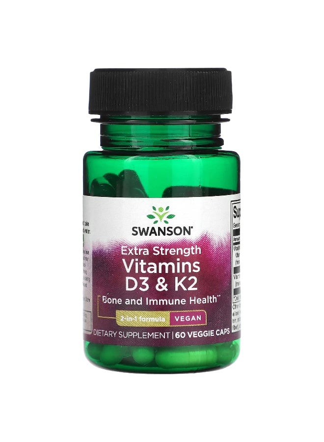 SWANSON سوانسون، فيتامينات D3 و K2، قوة إضافية، 60 كبسولة نباتية - Image 1