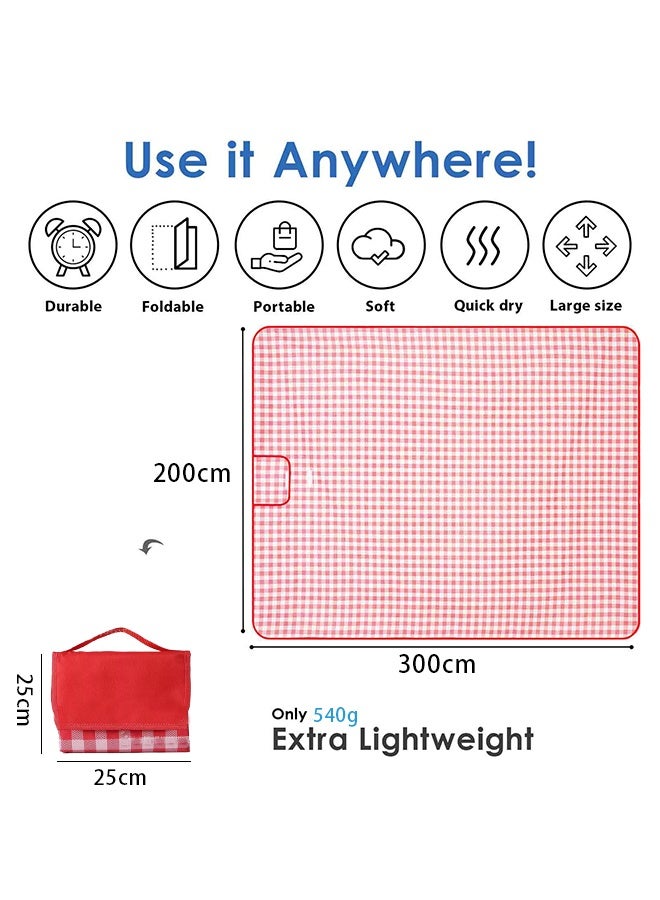 بوفان بطانية شاطئ كبيرة الحجم للنزهات، 200*300 سم، مقاومة للماء وقابلة للطي، مقاومة للرمل، بنمط مربعات، مناسبة للتخييم على الشاطئ أو العشب (أحمر) - Image 2