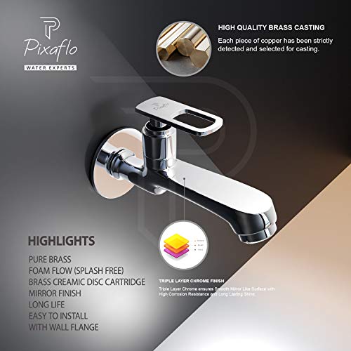 Pixaflo Cassia Brass Long Body Bib Cock Tap with Wall Flange (Combo Pack of 2) (Chrome) - Image 2