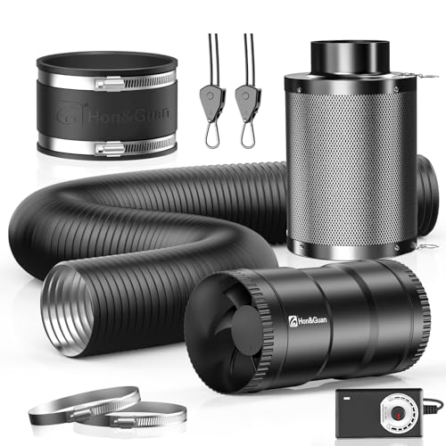 Hon&Guan 4" Air Filtration Kit: 4 Inch Inline Duct Fan with Speed Controller, 10" High Carbon Filter, 8 Ft Ducting & Rubber Coupler, Ventilation System for Grow Tents, Indoor Gardening, Hydroponics - Image 1