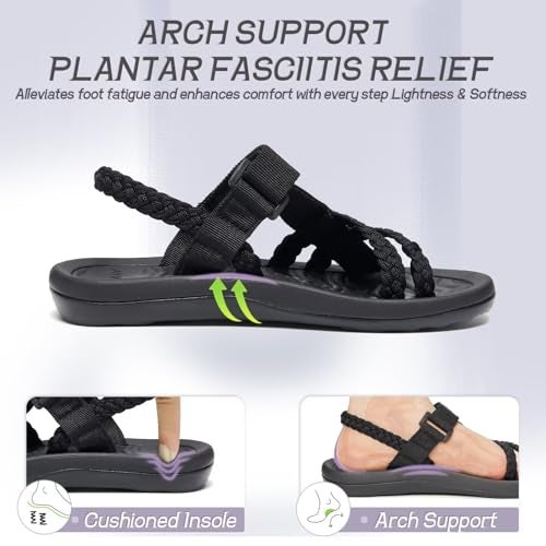 MEGNYA Women's Arch Support Flip Flop Sandals Camping, Comfort Walking Shoes with Adjustable Slingback Straps, Toe-Post Flip Flop Sandals for Outdoor Hiking Black Size 7.5 - Image 4