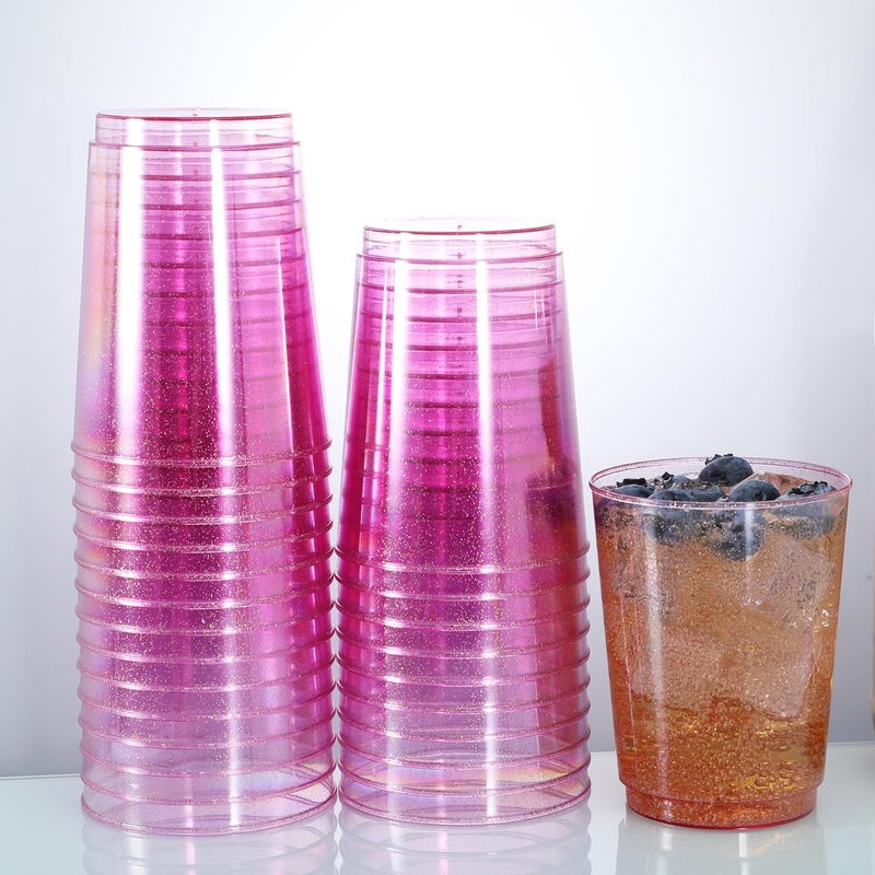 Homy Feel 10 Oz Pink Glitter Plastic Cups 50PCS Disposable Cocktail Cups Plastic Wine Plastic Cups Drink Cups for Wedding Party - Image 1