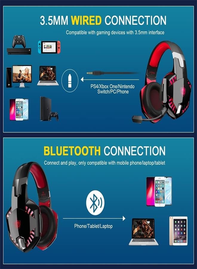 PS4 Gaming Headset for Xbox One, PS5, PC, G2000 Wired Over Ear Headphones with Detachable Noise Cancelling Mic, Bluetooth Wireless Earphones for Phone, One-Click 7.1 Sound, Up to 12h (Red) - Image 2