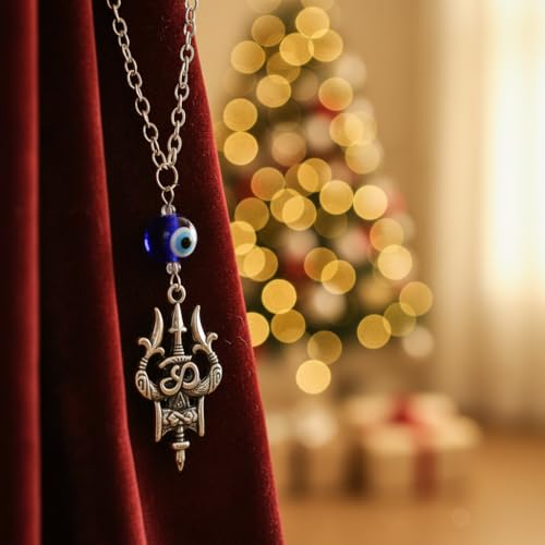AFH Metal Om Trishul Damaru Grey Evil Eye Mirror Charm Hanging Ornament Décor Dream Catcher Positive Vibes Balcony, Gift, Vehicle, Wind Chimes - Image 3