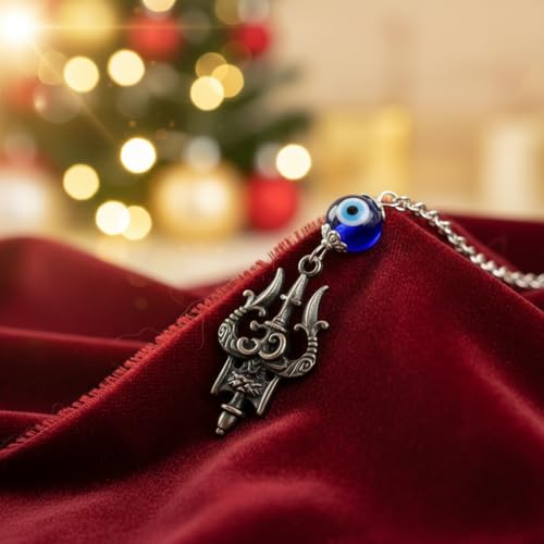 AFH Metal Om Trishul Damaru Grey Evil Eye Mirror Charm Hanging Ornament Décor Dream Catcher Positive Vibes Balcony, Gift, Vehicle, Wind Chimes - Image 5