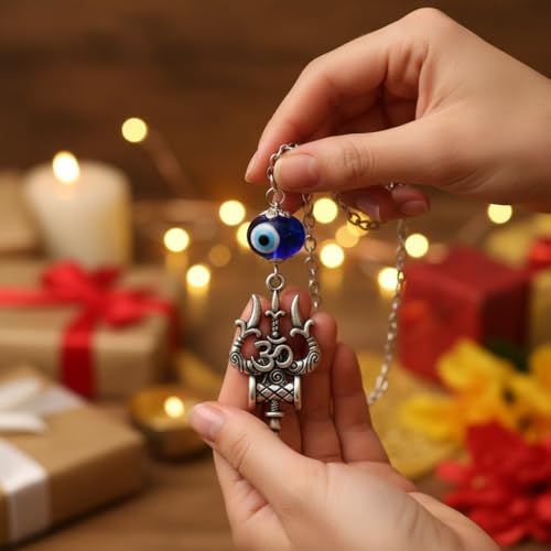 AFH Metal Om Trishul Damaru Grey Evil Eye Mirror Charm Hanging Ornament Décor Dream Catcher Positive Vibes Balcony, Gift, Vehicle, Wind Chimes - Image 4