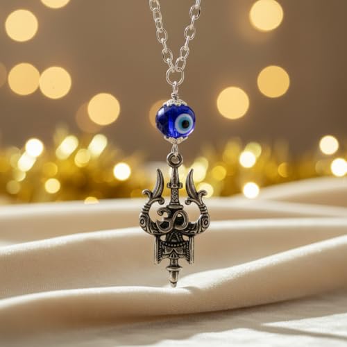 AFH Metal Om Trishul Damaru Grey Evil Eye Mirror Charm Hanging Ornament Décor Dream Catcher Positive Vibes Balcony, Gift, Vehicle, Wind Chimes - Image 1