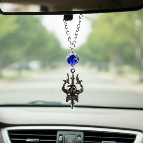 AFH Metal Om Trishul Damaru Grey Evil Eye Mirror Charm Hanging Ornament Décor Dream Catcher Positive Vibes Balcony, Gift, Vehicle, Wind Chimes - Image 2