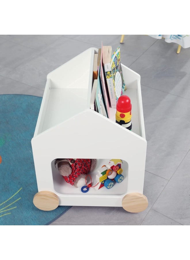 رف كتب خشبي للأطفال من جولي فالي تويز اند هوم مكتبة 2 في 1 مع مساحة تخزين للألعاب منظم عجلات خزانة للكتب ورف وصندوق ألعاب بلون أبيض - Image 5