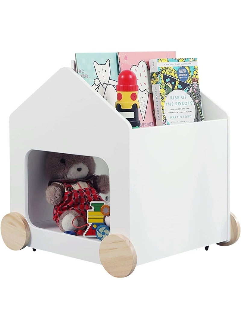 رف كتب خشبي للأطفال من جولي فالي تويز اند هوم مكتبة 2 في 1 مع مساحة تخزين للألعاب منظم عجلات خزانة للكتب ورف وصندوق ألعاب بلون أبيض - Image 1