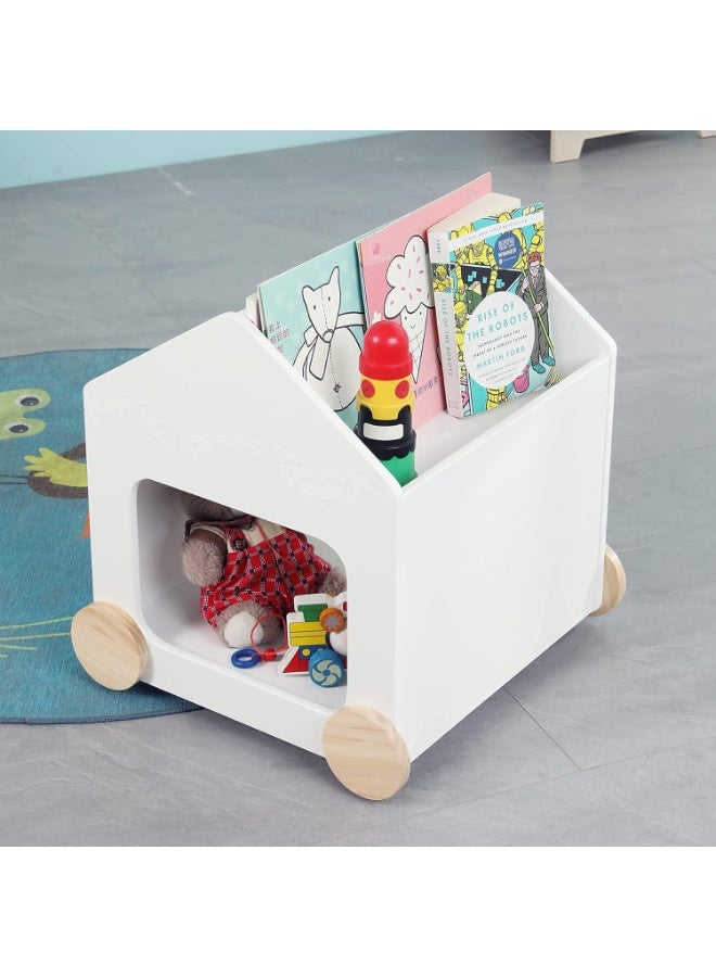 رف كتب خشبي للأطفال من جولي فالي تويز اند هوم مكتبة 2 في 1 مع مساحة تخزين للألعاب منظم عجلات خزانة للكتب ورف وصندوق ألعاب بلون أبيض - Image 4