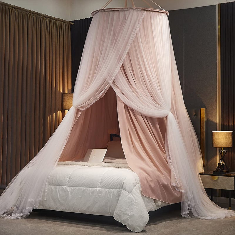 Luxurious Bed Canopy for Girls  Adults  Double Layer Princess Canopy with Lace Round Dome Mosquito Netting for QueenKing Bed Tent Pink