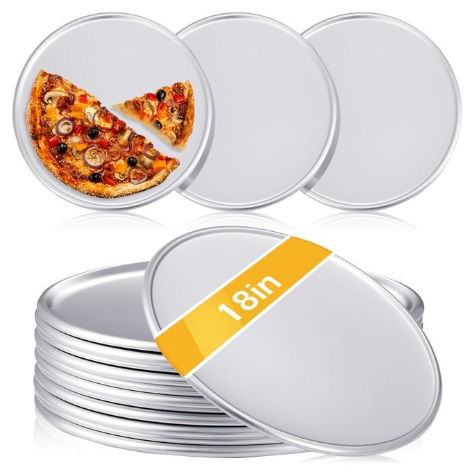 12 PIECES PIZZA PAN BULK RESTAURANT ALUMINUM PIZZA PAN SET ROUND PIE CAKE PLATE RUST FREE CAKE TRAY FOR OVEN BAKING HOME KITCHEN RESTAURANT EASY CLEAN18 INCH