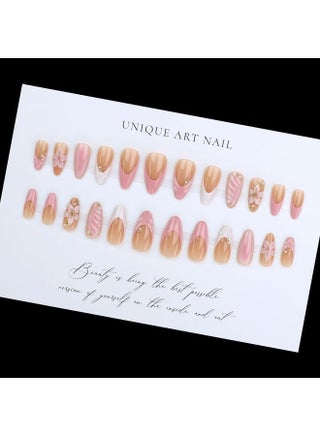 3D Pink Press on Nails Almond - Medium French Tip Fake Nails with Embossed Flower&Gold Bead Designs, Glossy Finish Reusable False Nails with Glue Tabs - 24Pcs Nail Kit for Women Manicure - view 5