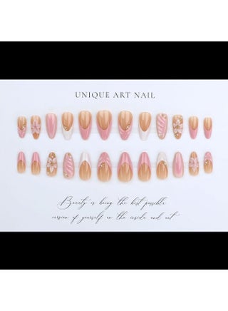 3D Pink Press on Nails Almond - Medium French Tip Fake Nails with Embossed Flower&Gold Bead Designs, Glossy Finish Reusable False Nails with Glue Tabs - 24Pcs Nail Kit for Women Manicure - view 4