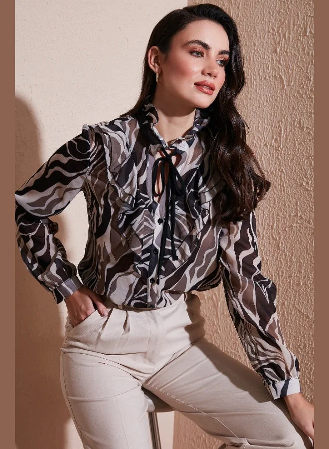 Lela Lela Patterned Tied V-Neck Chiffon Shirt Women's SHIRT 611GO0192