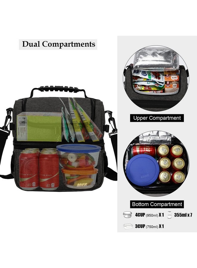 MIER Dual Compartment Lunch Bag Tote with Shoulder Strap for Men and Women Insulated Leakproof Cooler Bag, Dark Grey - Image 2