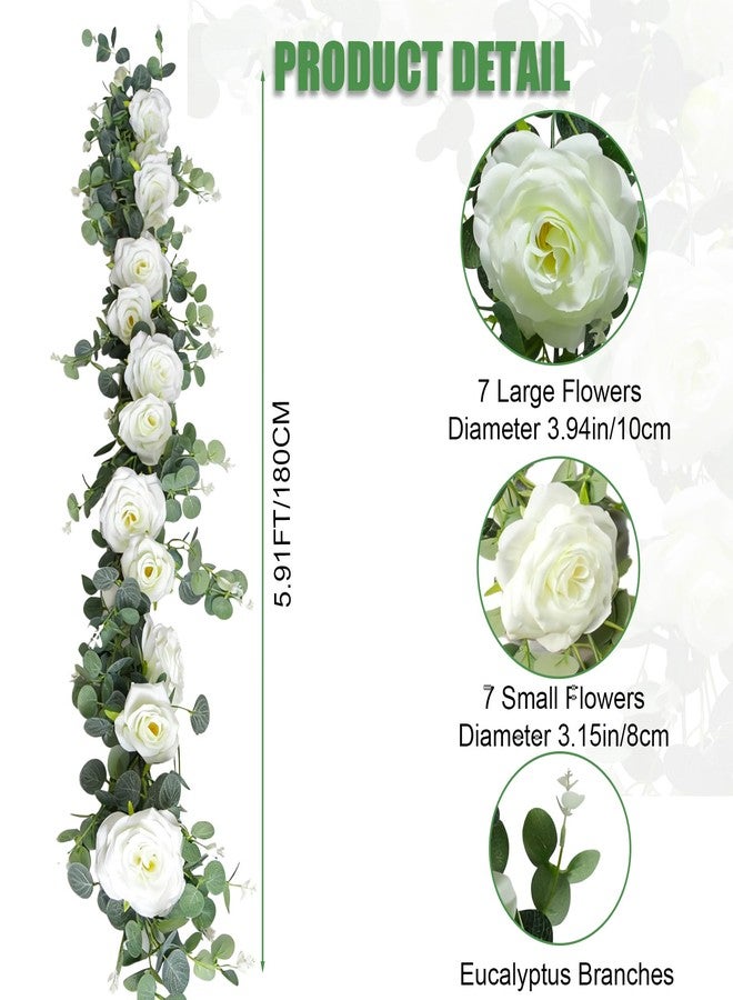 MegaBlues 6FT Artificial Eucalyptus Garland with 14 Fake White Rose Flowers - Floral Greenery Decoration Vine for Runner, Backdrop, Arch Wall Decor,Indoor/Outdoor, (1 PCS) - Image 2