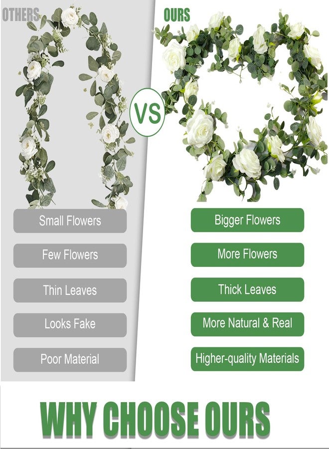 MegaBlues 6FT Artificial Eucalyptus Garland with 14 Fake White Rose Flowers - Floral Greenery Decoration Vine for Runner, Backdrop, Arch Wall Decor,Indoor/Outdoor, (1 PCS) - Image 5